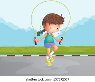 Illustration of a little girl playing jumping rope at the road