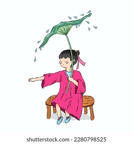 illustration of a little girl playing with the rain