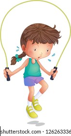 Illustration of a little girl playing skipping rope on a white background