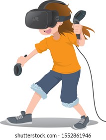 Illustration of little girl playing virtual reality (VR) happily - vector