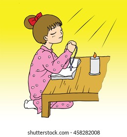 Illustration of a little girl praying at night