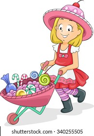 Illustration of a Little Girl Pushing a Wheelbarrow Full of Candies