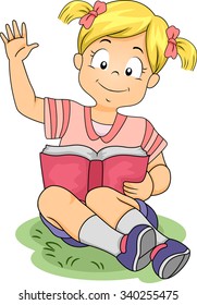 Illustration of a Little Girl Raising Her Hand While Reading a Book