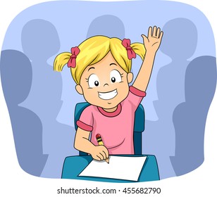 Illustration of a Little Girl Raising Her Hand in Class