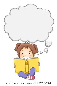 Illustration of a Little Girl Reading a Book While Thought Bubbles Appear Above Her Head