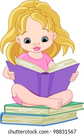 Illustration of a little girl reading a book