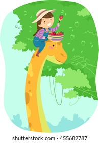 Illustration of a Little Girl Riding on a Dinosaur Picking Fruits