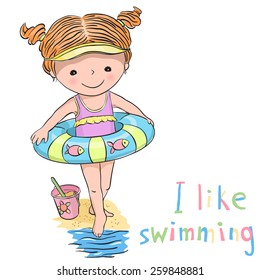 Illustration of little girl with rubber ring that like swimming on the white background