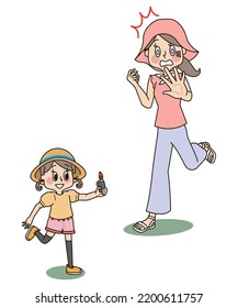 It is an illustration of a little girl running with a lighter on fire and a mother trying to stop.