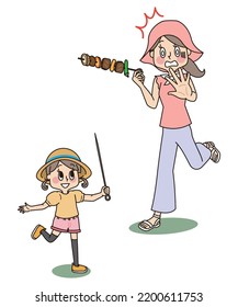 It is an illustration of a little girl running with a pointed barbecue skewer and a mother trying to stop.