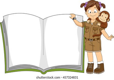 Illustration of a Little Girl in a Safari Outfit Standing Beside a Giant Book