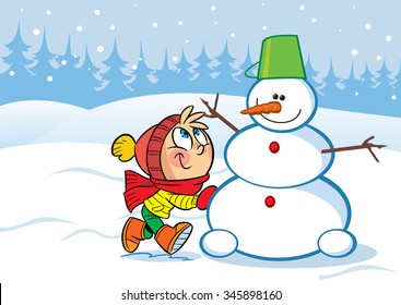 En la ilustración una niña escultúa un muñeco de nieve divertido. Ilustración vectorial hecha en estilo caricatura, en capas separadas.