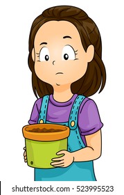 Illustration of a Little Girl Showing a Sad Expression While Looking at the Soil in Her Flower Pot