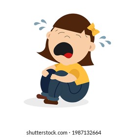 An illustration of  little girl sitting and crying. Isolated on white.