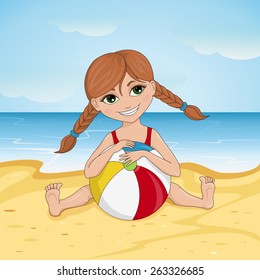 Illustration of a little girl sitting on the beach with ball