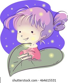 Illustration of a Little Girl Sitting on a Giant Leaf Surrounded by Fireflies