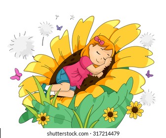 Illustration of a Little Girl Sleeping Peacefully on a Giant Sunflower