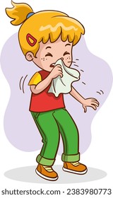 Illustration of a Little girl Sneezing in a Tissue