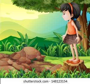 Illustration of a little girl standing above the stump