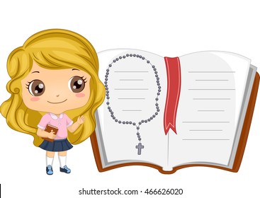 Illustration of a Little Girl Standing Beside a Giant Bible with a Rosary in It