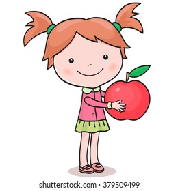 Illustration of a little girl standing with big apple on a white  background