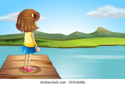 Illustration of a little girl standing at the wooden port