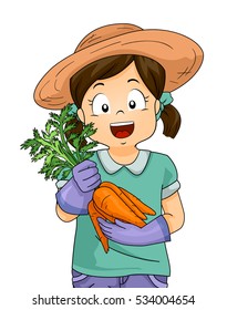 Illustration of a Little Girl in a Straw Hat Proudly Showing the Carrots She Harvested