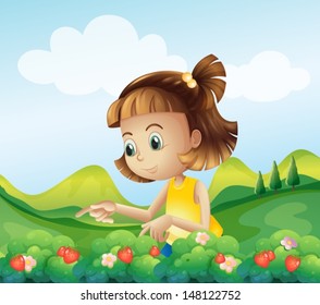 Illustration of a little girl at the strawberry farm