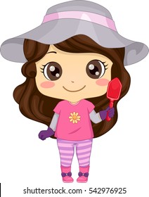 Illustration of a Little Girl in a Sun Hat and Gloves Preparing to Work on Her Garden