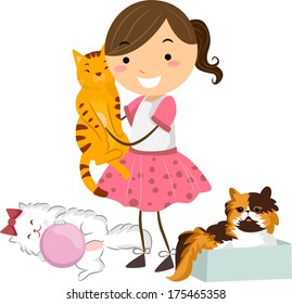 Illustration of a Little Girl Surrounded by Cute and Cuddly Cats