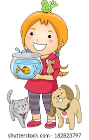 Illustration of a Little Girl Surrounded by Different Types of Pets