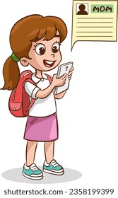 Ilustración de una niña pequeña usando un Smartphone mientras llevaba una bolsa escolar