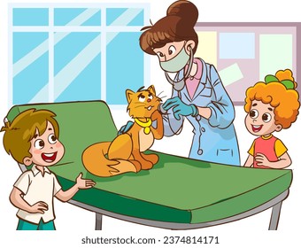 Illustration of a Little Girl Visiting a Cat at the Veterinary Clinic