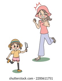 It is an illustration of a little girl walking with a kitchen knife and a mother trying to stop it.