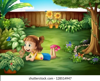 Illustration of a little girl watching a butterfly