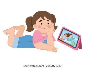 Illustration of a little girl watching a movie on a gadget