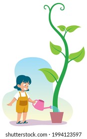 Illustration with little girl watering green plant.