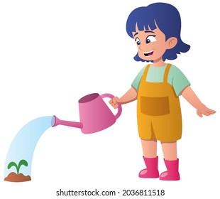 Illustration with little girl watering green plant on white background.