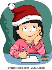 Illustration of a Little Girl  Wearing a Christmas Hat Writing Her Christmas Wish List