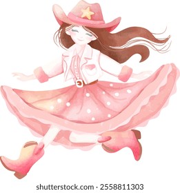 Illustration of a Little Girl Wearing a Cowboy Hat and Dress