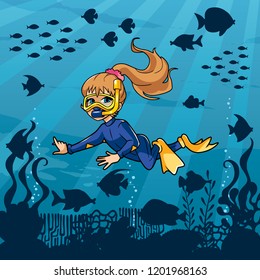 Illustration of little girl wearing diving mask, swim fins and neoprene suit while snorkeling in coral reef.
