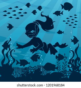 Illustration of little girl wearing diving mask, swim fins and neoprene suit while snorkeling in coral reef.