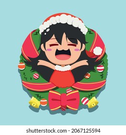 Illustration of a little girl wearing santa clothes and christmas decorative wreath. Concept illustration of Christmas day