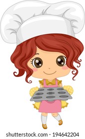 Illustration of a Little Girl Wearing a Toque Holding an Empty Cupcake Tray