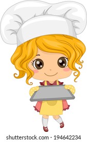 Illustration of a Little Girl Wearing a Toque Holding an Empty Baking Tray