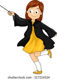 Illustration of a Little Girl Wearing a Wizard Costume Waving a Magic Wand