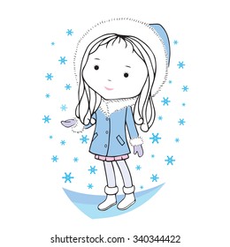 Illustration of a little girl  who catches a snowflake by her hand on a white background. The girl  looks at snowing.