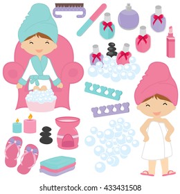 Illustration Of Little Girls Being Pampered - Spa Elements For Kids Spa Party