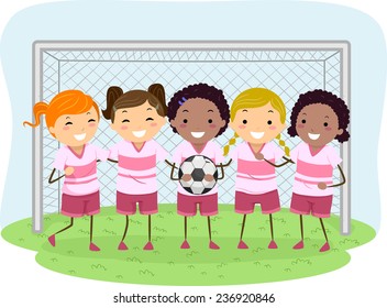 Illustration of Little Girls Dressed in Soccer Uniforms