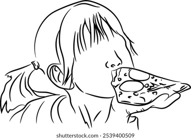 Illustration of little girls eating pizza, outline vector of little girls eating pizza	
